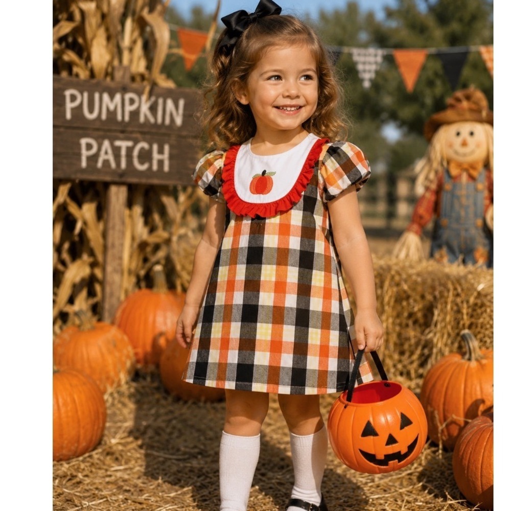 Shrimp & Grits Kids Smocked Dress 3T Gingham Check  Pumpkin Fall‎ Halloween
